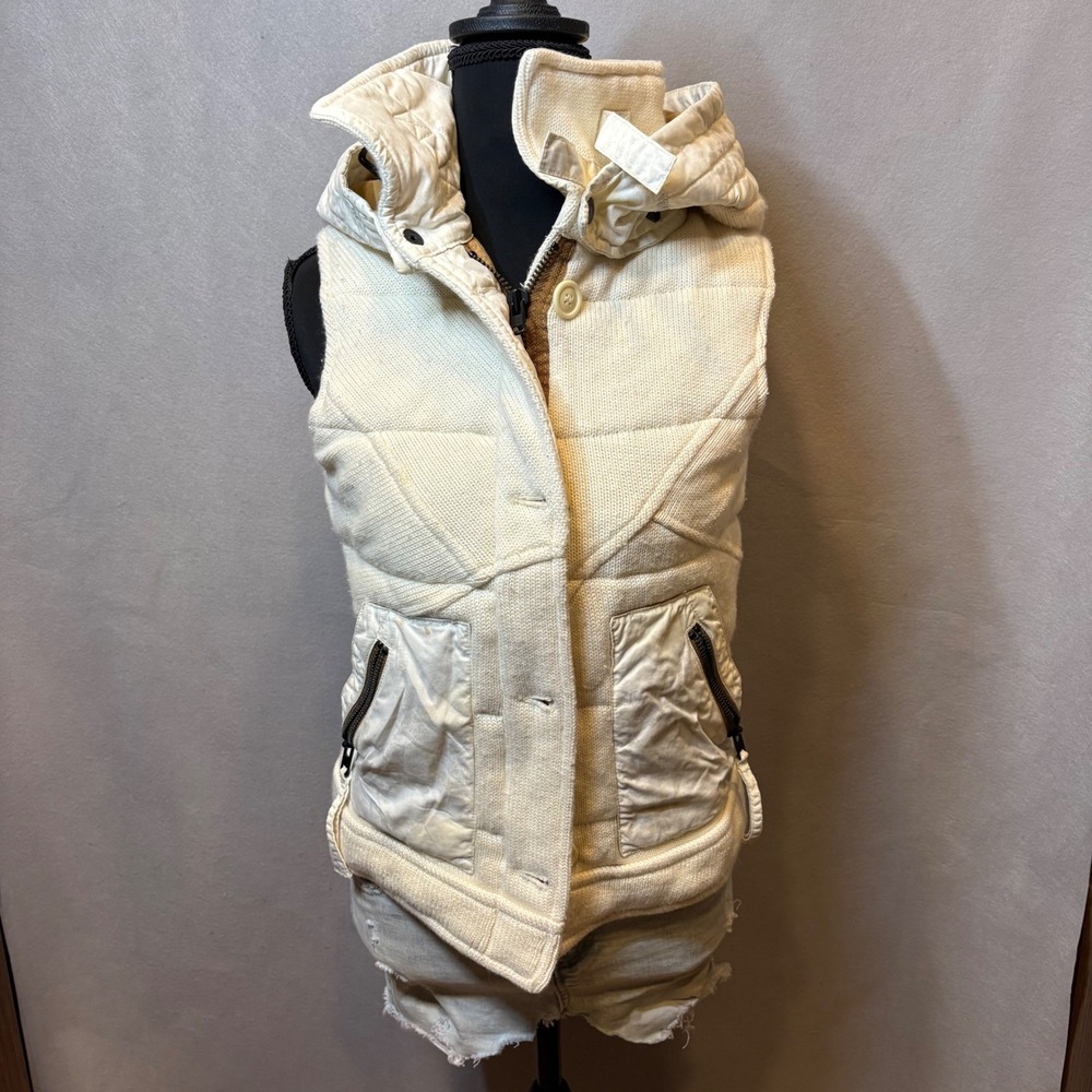 Da-Nang Cream Mixed Media Quilted Hooded Puffer Vest Women Small OSML